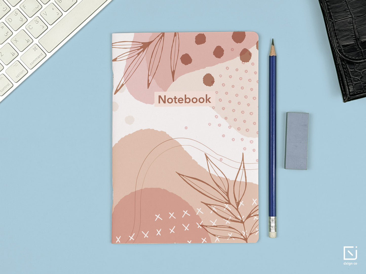 boho brown leaves design personalised notebook on a desk