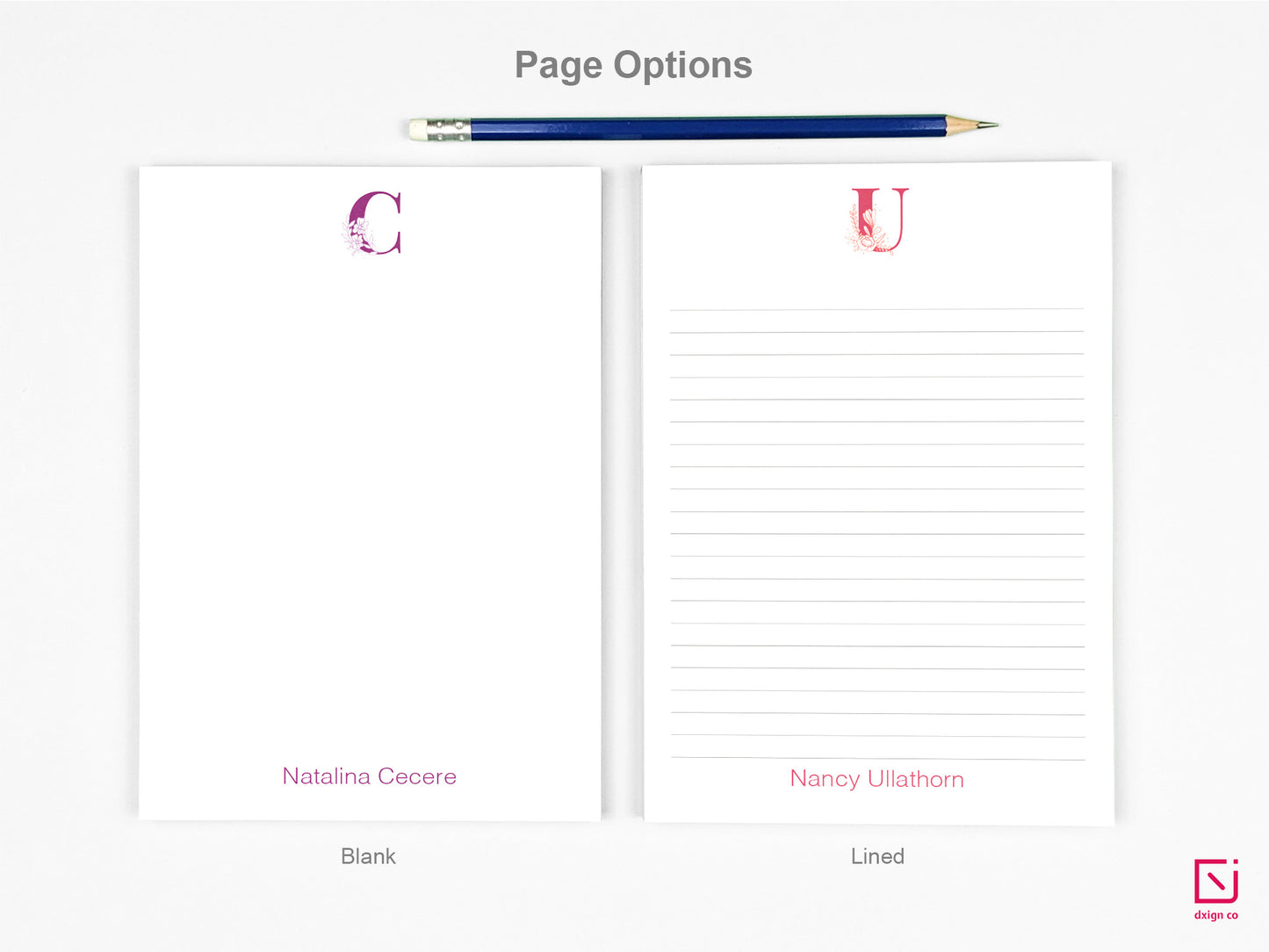 floral monogram single initial with name personalised notepad page options blank and lined