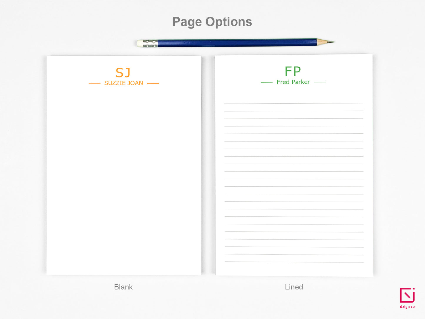 modern monogram two initials with name personalised notepad page options blank and lined