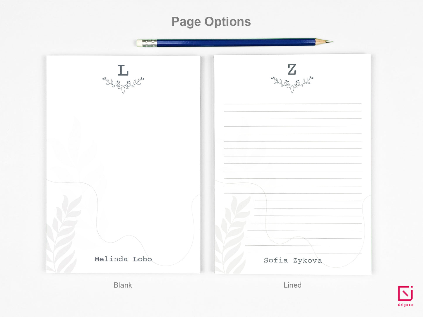 floral leaves monogram single initial with name personalised notepad page options blank and lined