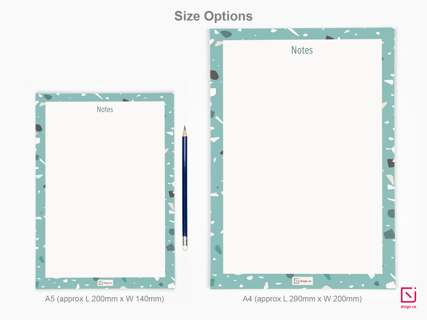 terrazzo print green design personalised notepad a5 and a4 sizes