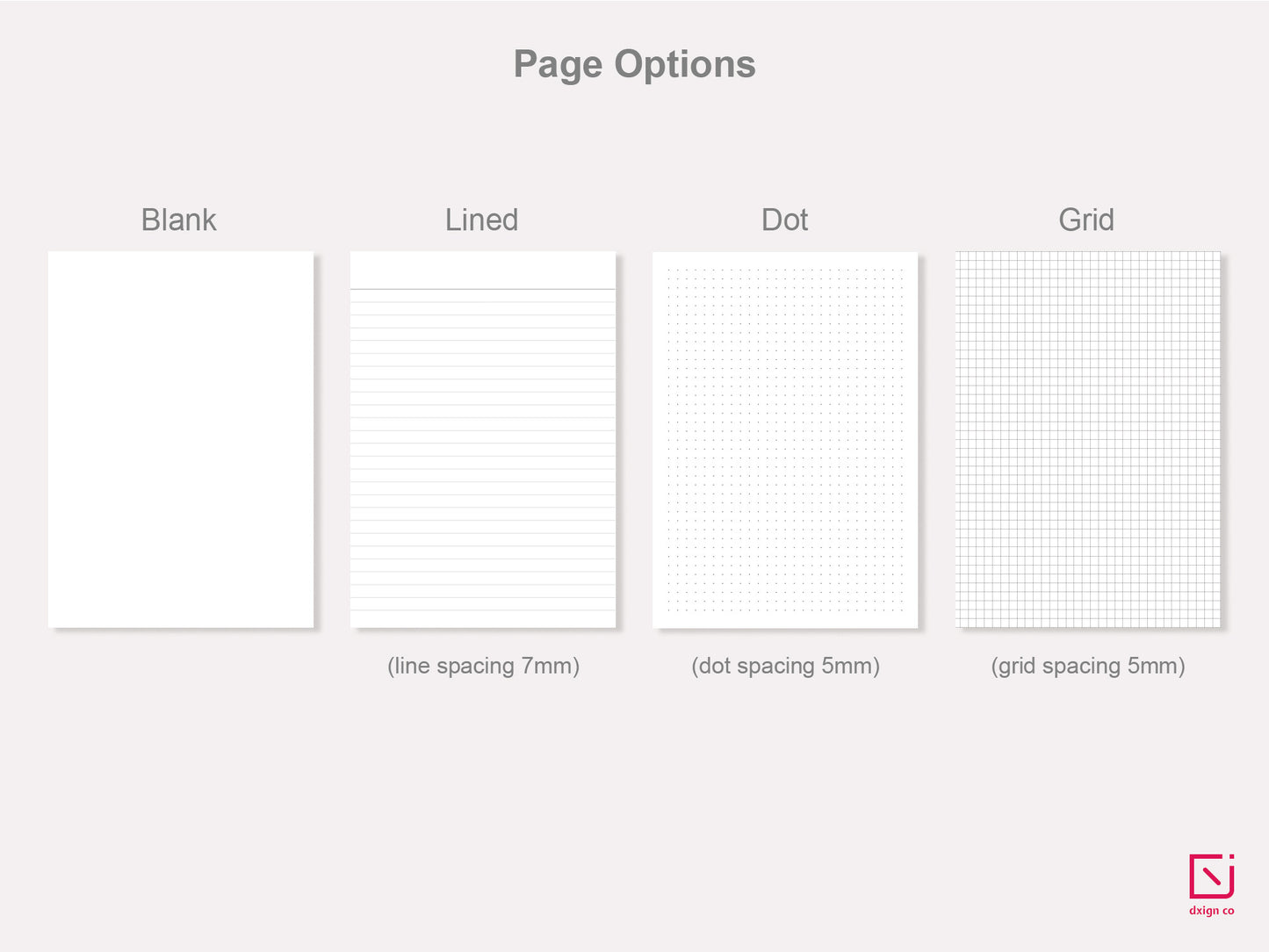 blank, lined, dot and grid type page options for notebooks