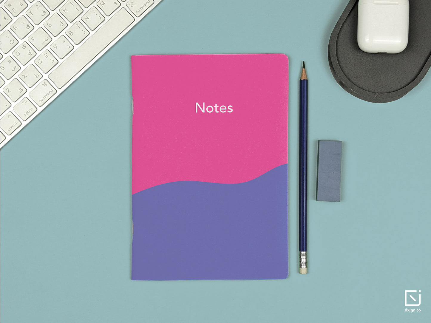blue tango abstract pink purple white design personalised notebook on a desk