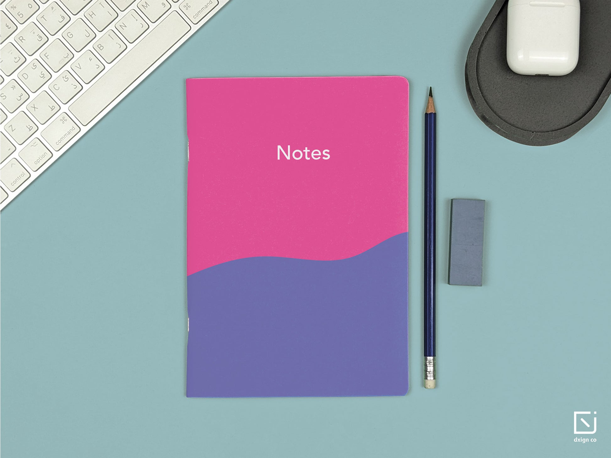 blue tango abstract pink purple white design personalised notebook on a desk