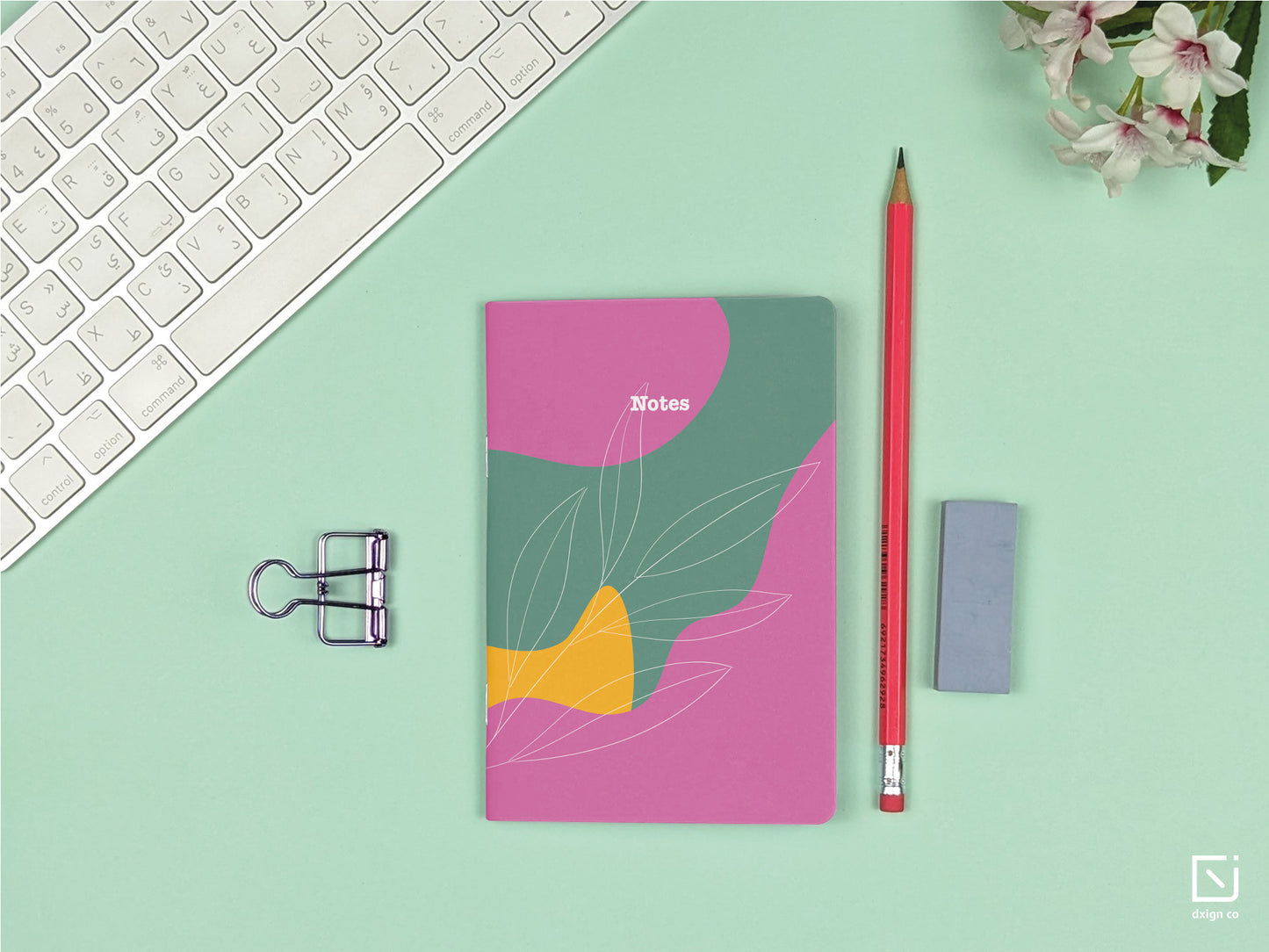 garden_phlox pink green yellow design personalised small notebook on a desk