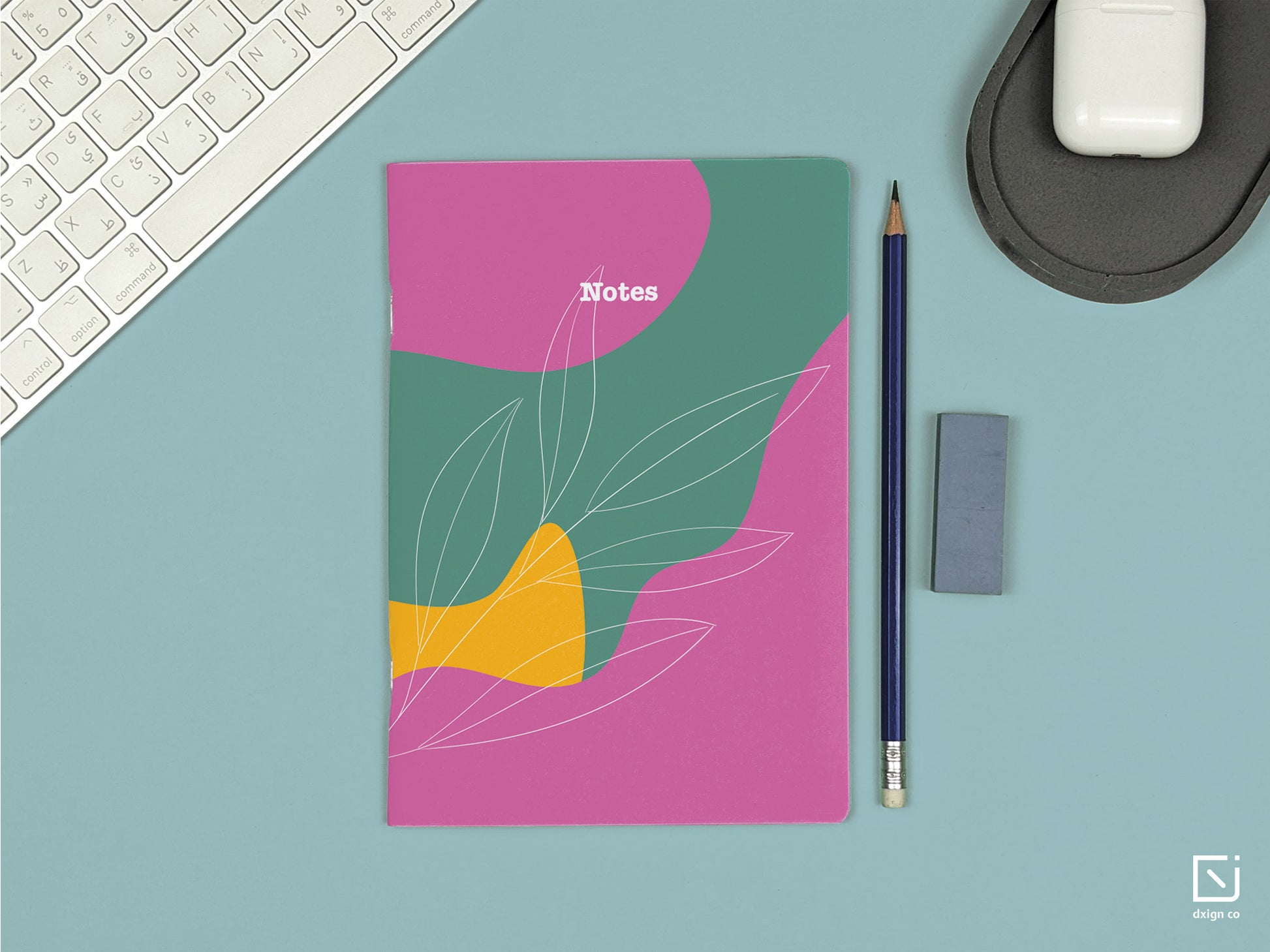 garden_phlox pink green yellow design personalised notebook on a desk