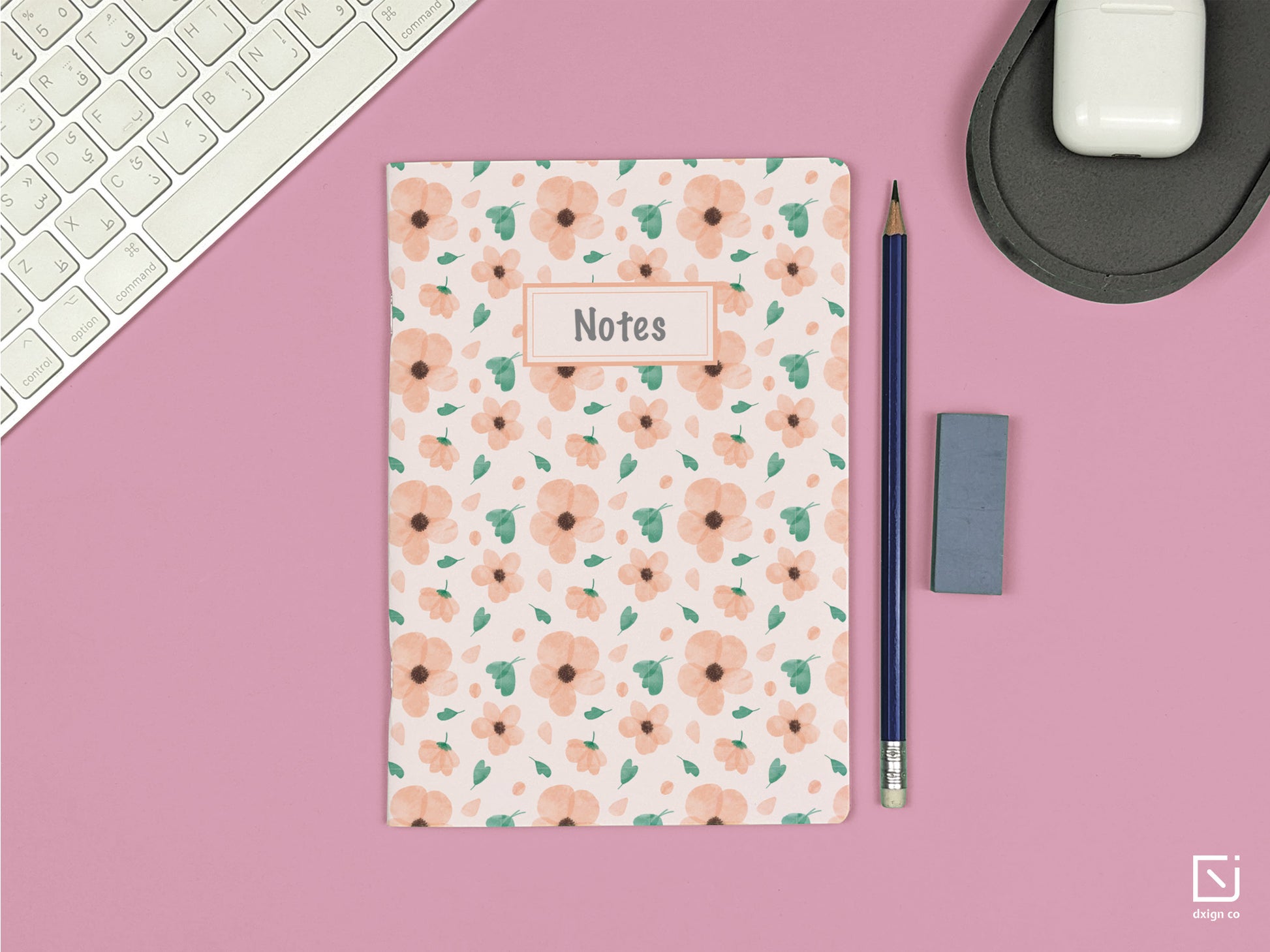 tahitian sunset pink flowers design personalised notebook on a desk