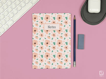 tahitian sunset pink flowers design personalised notebook on a desk