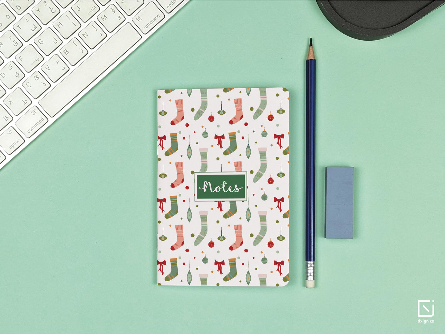 christmas colourful stocking design personalised small notebook on a desk