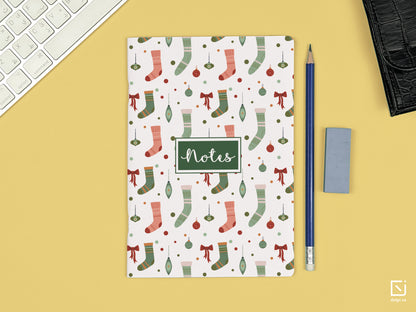 christmas colourful stocking design personalised notebook on a desk