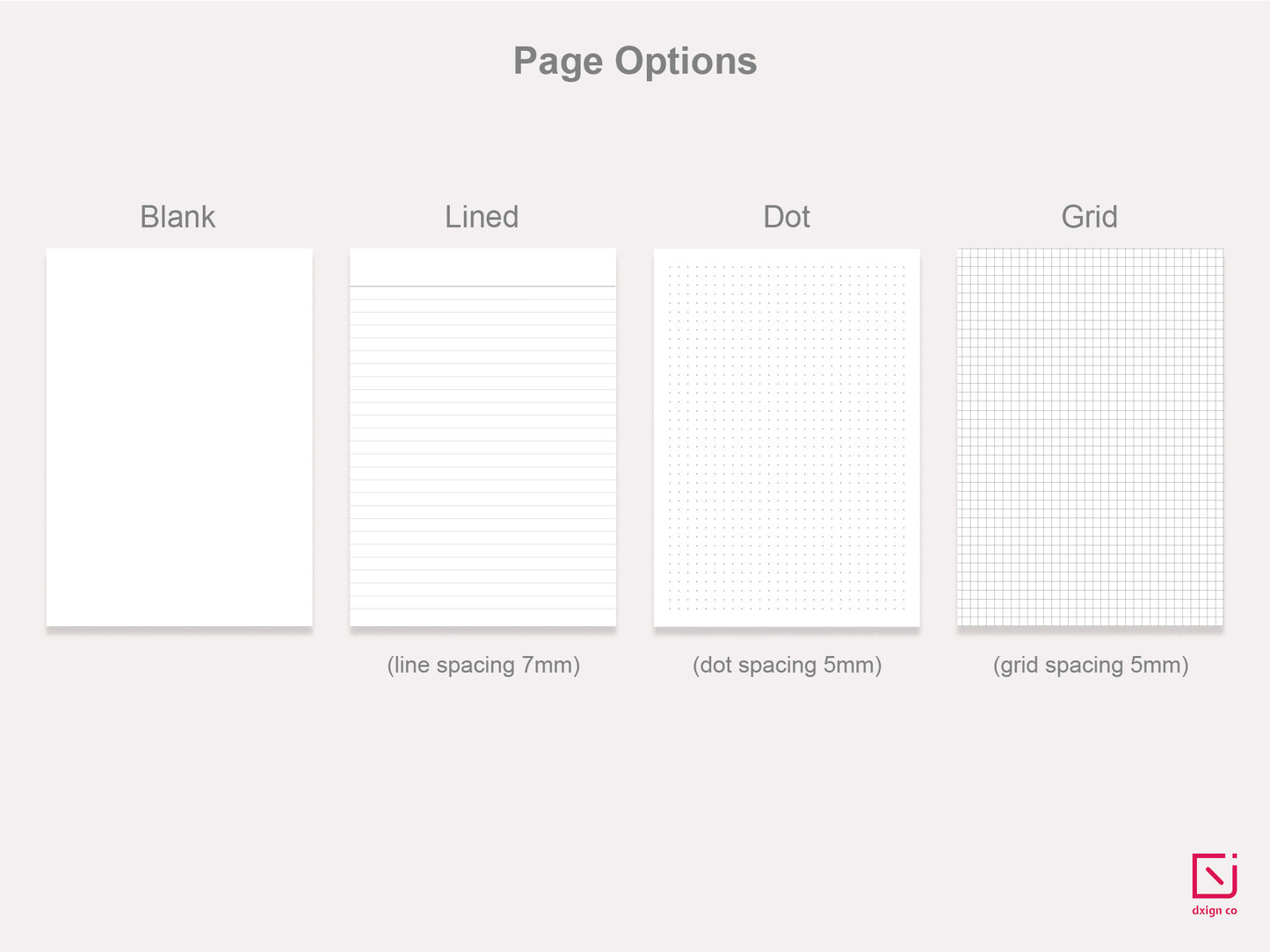 blank, lined, dot and grid type page options for notebooks