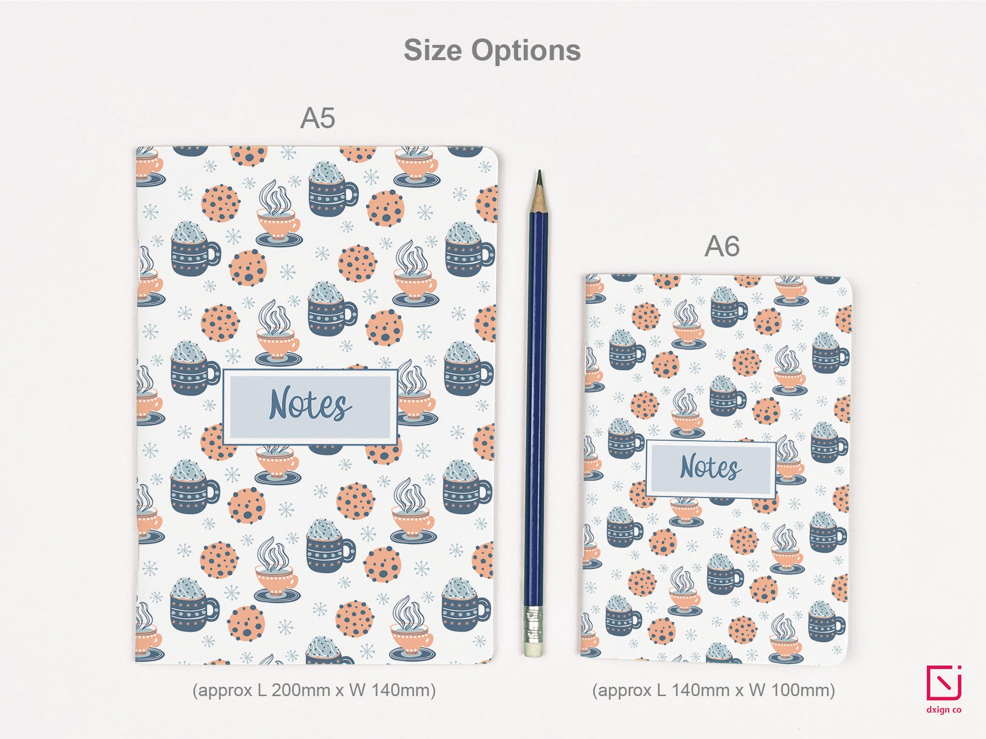 frosty hot cup of cocoa and cookies design personalised notebook a5 and a6 sizes