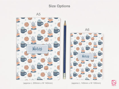 frosty hot cup of cocoa and cookies design personalised notebook a5 and a6 sizes