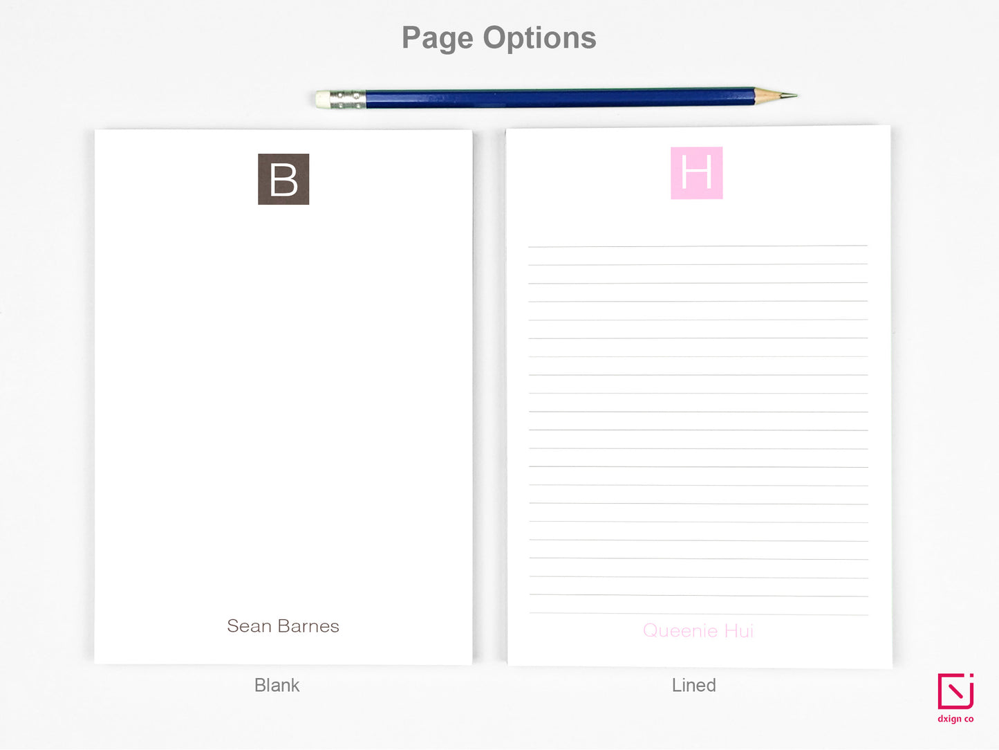 block monogram single initial with name personalised notepad page options blank and lined