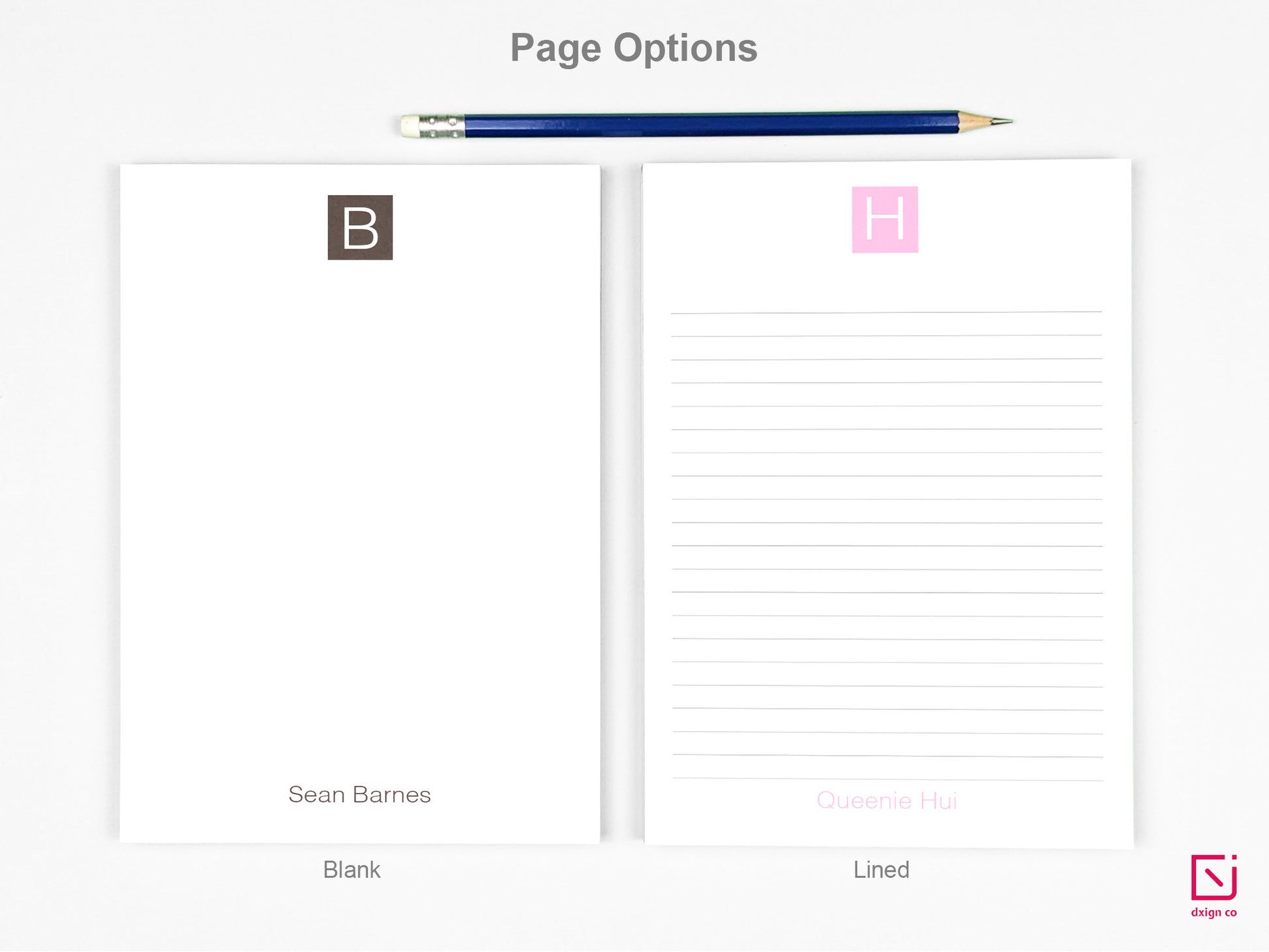 block monogram single initial with name personalised notepad page options blank and lined