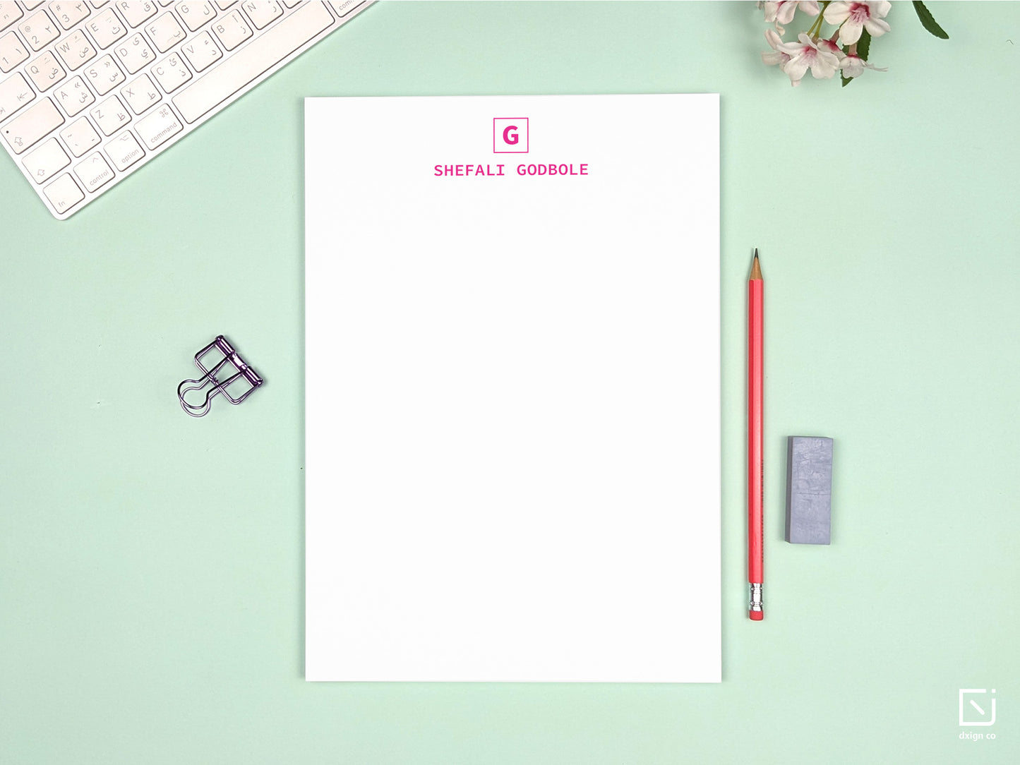 box monogram single initial with name personalised large notepad on a desk