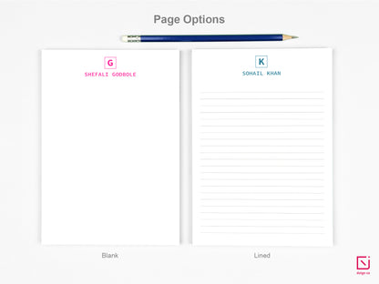 box monogram single initial with name personalised notepad page options blank and lined