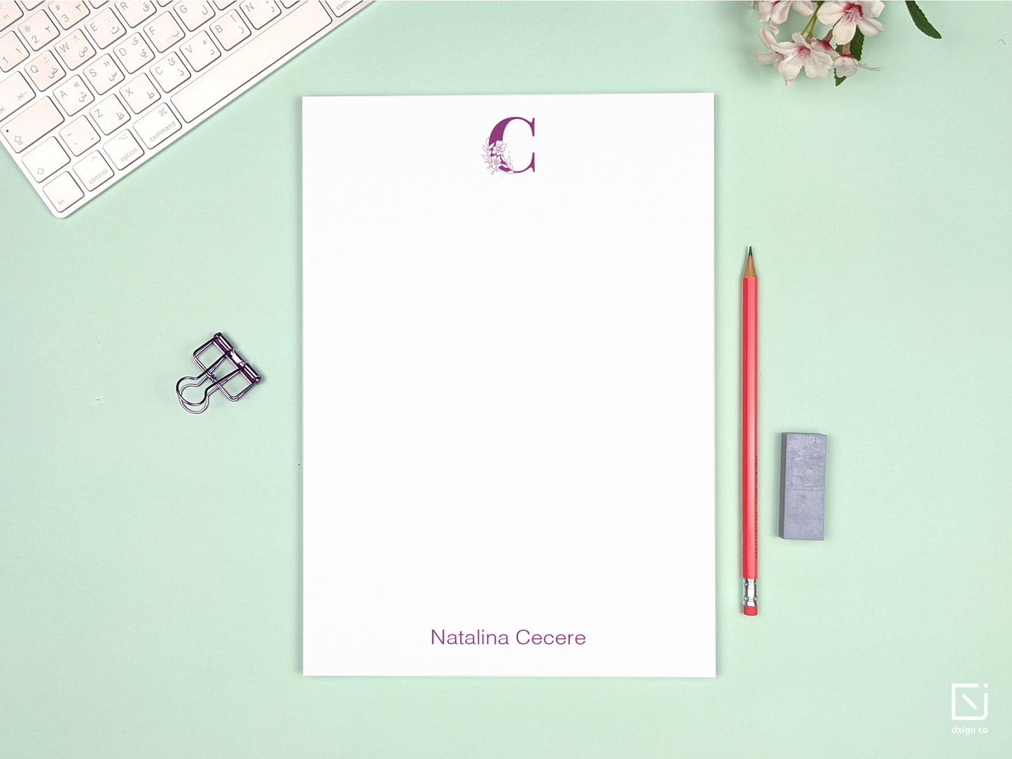 floral monogram single initial with name personalised large notepad on a desk