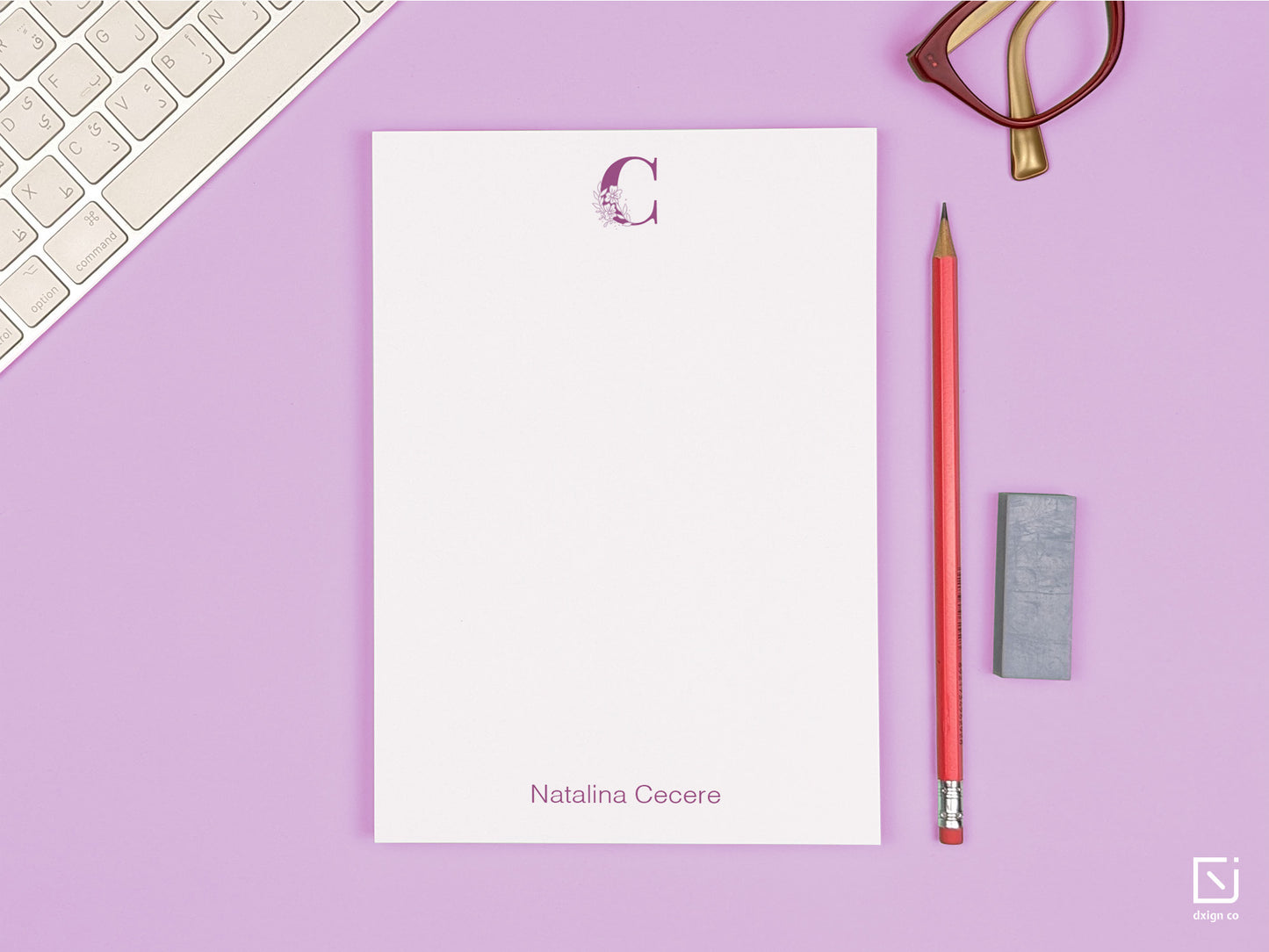 floral monogram single initial with name personalised notepad on a desk