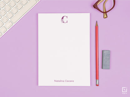 floral monogram single initial with name personalised notepad on a desk