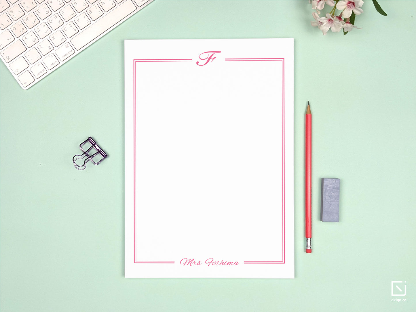 calligraphy monogram single initial with name personalised large notepad on a desk