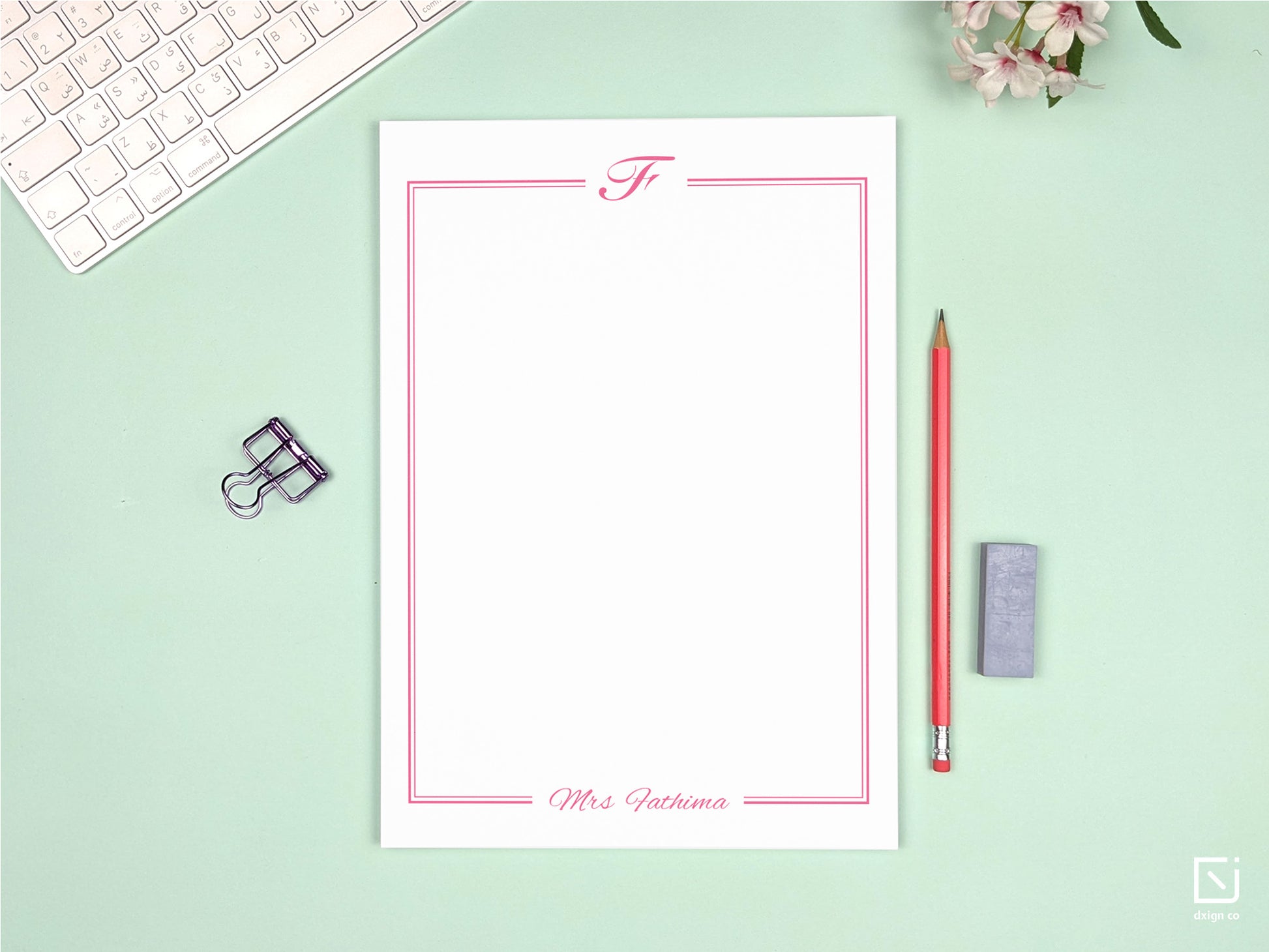 calligraphy monogram single initial with name personalised large notepad on a desk