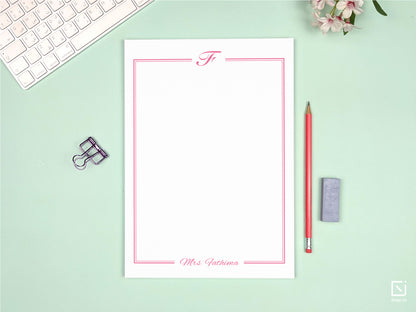 calligraphy monogram single initial with name personalised large notepad on a desk