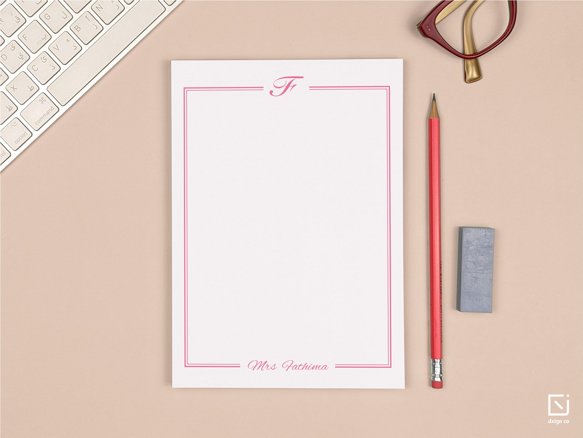 calligraphy monogram single initial with name personalised notepad on a desk