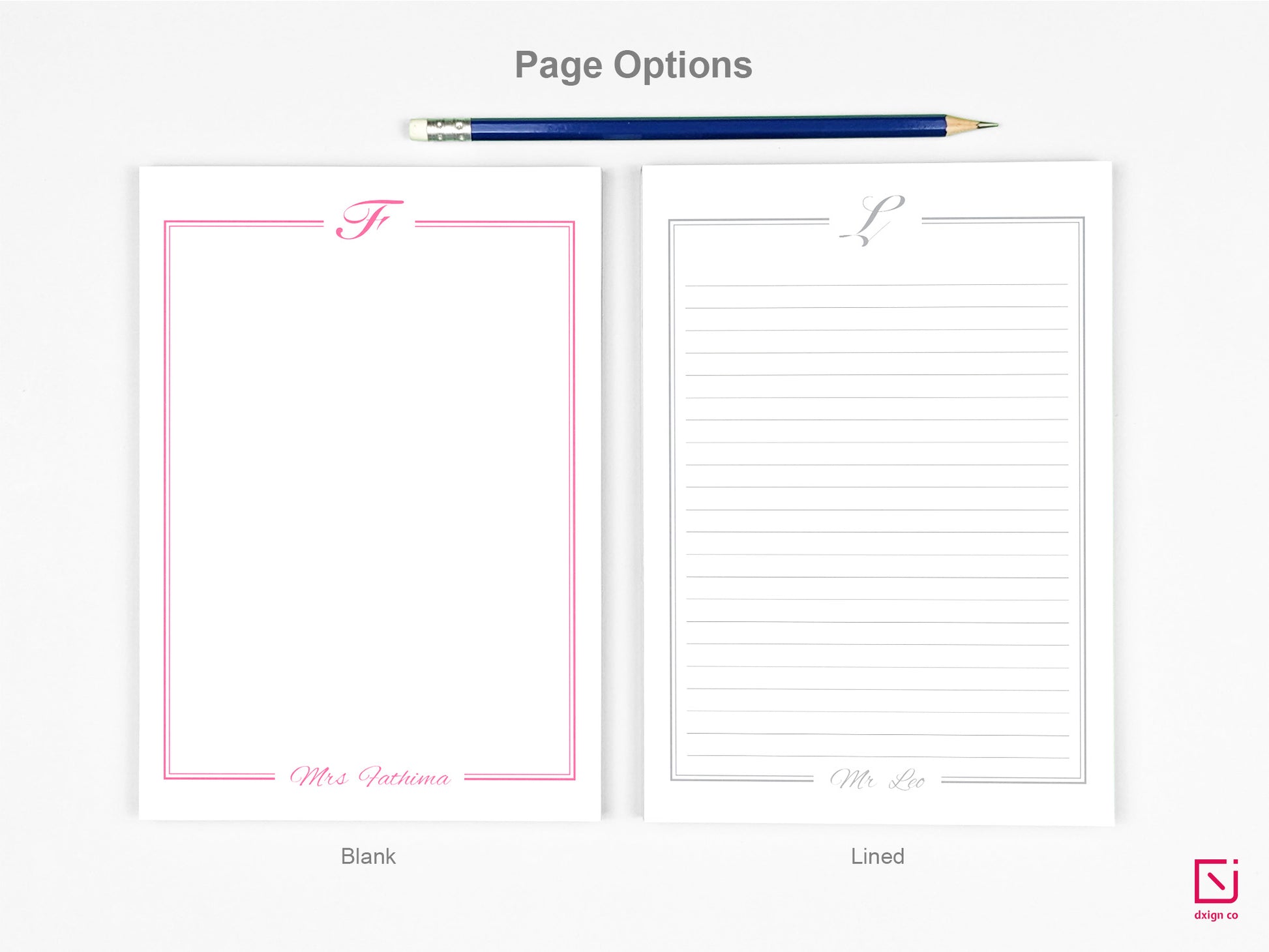calligraphy monogram single initial with name personalised notepad page options blank and lined