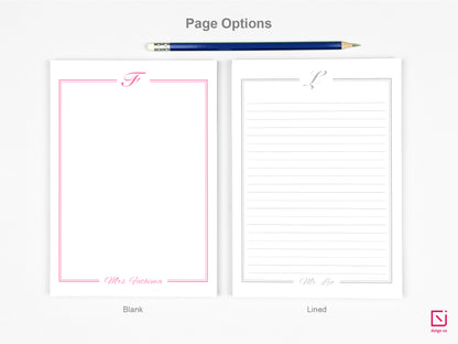 calligraphy monogram single initial with name personalised notepad page options blank and lined