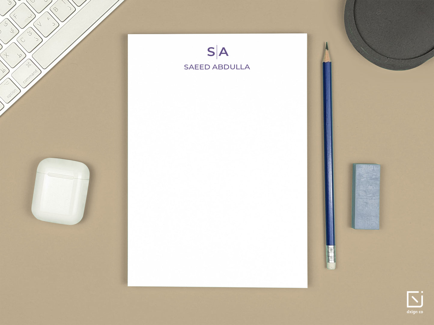 classic monogram two initials with name personalised notepad on a desk