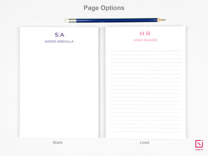 classic monogram two initials with name personalised notepad page options blank and lined
