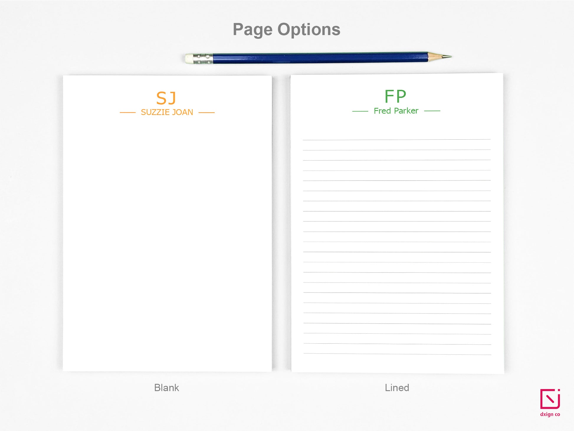 modern monogram two initials with name personalised notepad page options blank and lined