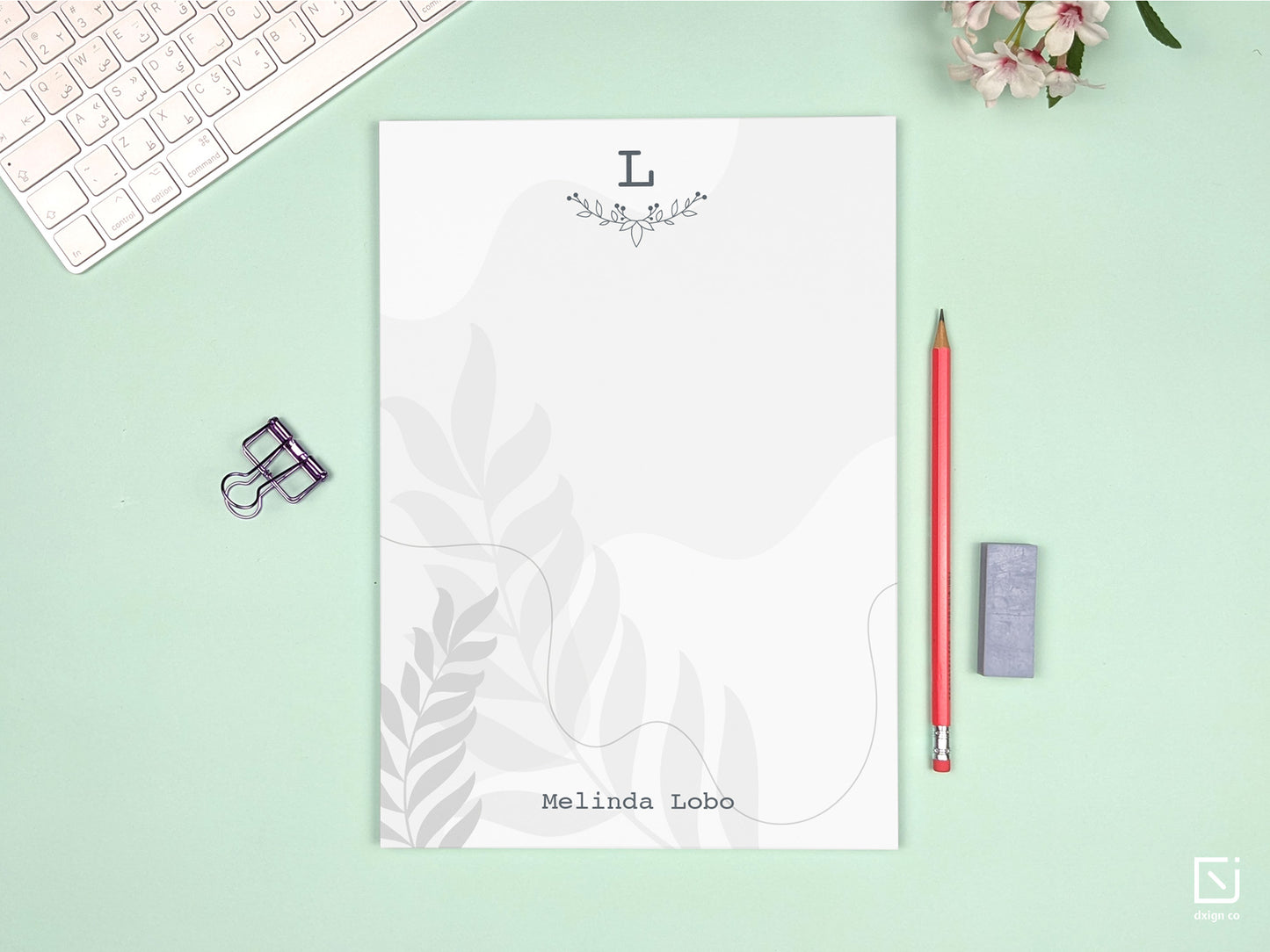 floral leaves monogram single initial with name personalised large notepad on a desk