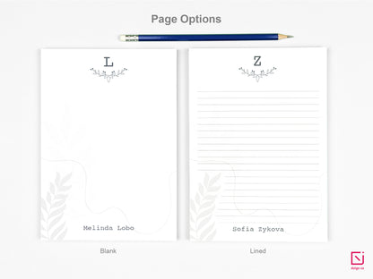 floral leaves monogram single initial with name personalised notepad page options blank and lined